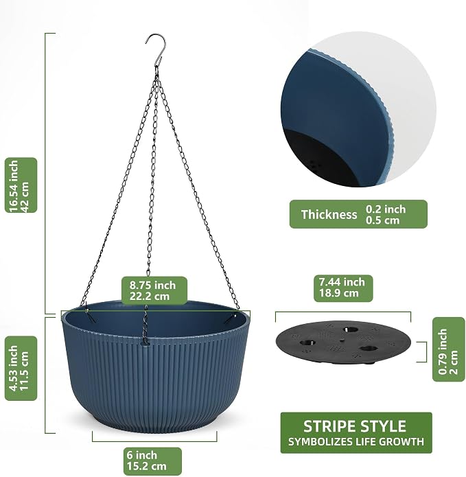 Dexceder 8.75 Inch Self Watering Hanging Planter (2 Pack, Deep Blue) | Thickened Hanging Basket Flower Plant Pot Indoor Outdoor