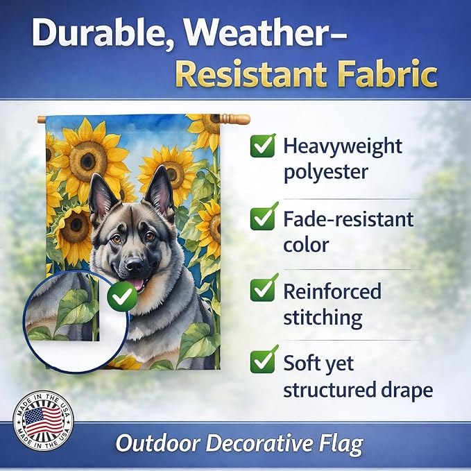 Caroline's Treasures DAC6126CHF Norwegian Elkhound in Sunflowers House Flag Large Porch Sleeve Pole Decorative Outside Yard Banner Artwork Wall Hanging, Polyester, House Size, Multicolor