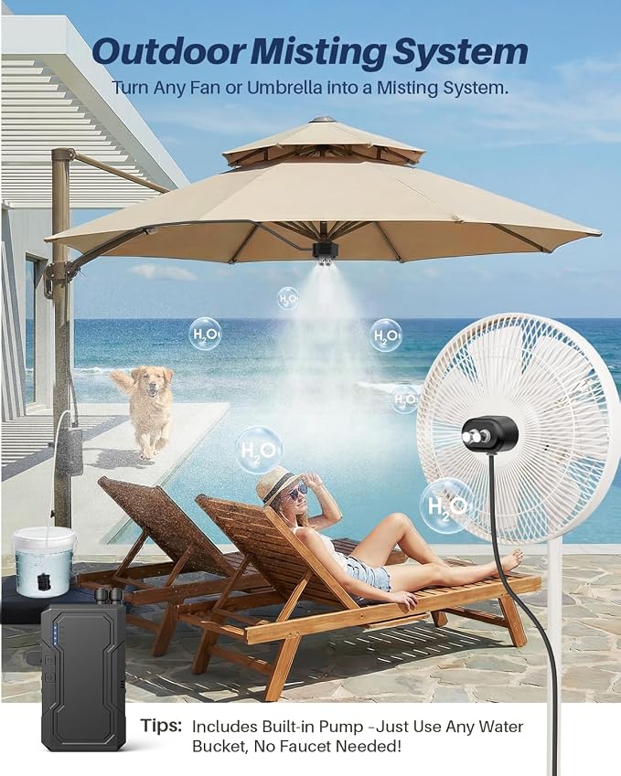 Portable Misting System with Water Pump, 6000mAh Outdoor Misters for Outside Patio, Magnetic Water Cooling Fan Misters Set for Patio, Industrial Fan, Canopy, Sports, Greenhouse, Beach, Dugout, Camping