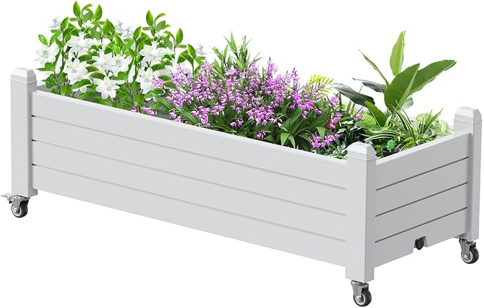 Vixzen Raised Garden Bed with Wheels Outdoor,Resin Weatherproof Planter Box with Drain Hole and Water Level Detector,for Planting Plants Vegetables(Ashen, 43.31 * 17.72 * 17.56)