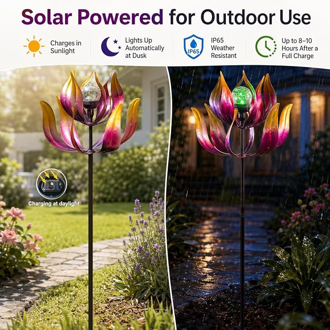 Solar Wind Spinner Outdoor Metal Decor - 61" Tall Lotus Kinetic Yard Art with Color-Changing Crackle Glass LED Light, Dual-Directional Wind Catcher Lawn Ornament for Garden, Patio & Yard Gift