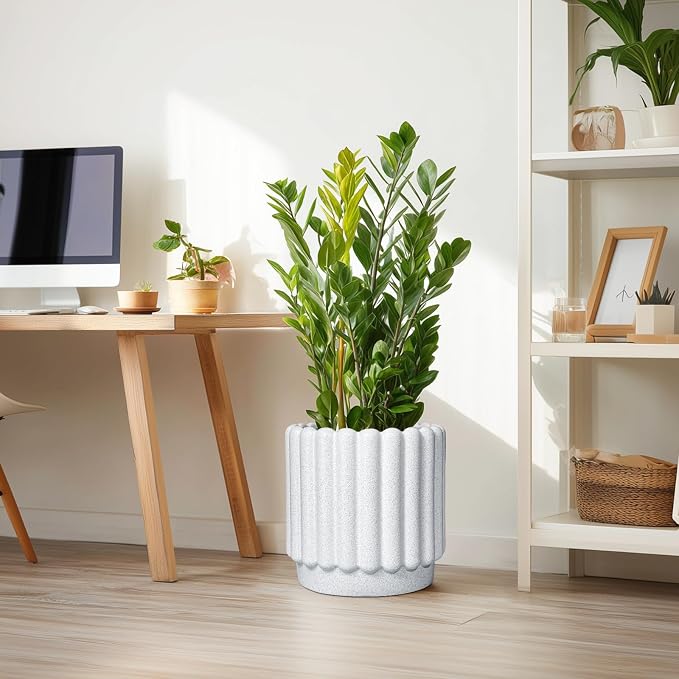 Ceramicfor Ceramic Flower Pot, 12 Inch, White | Fluted Design, Drainage Hole, Indoor Outdoor, Modern Round, Plant Lover Gift