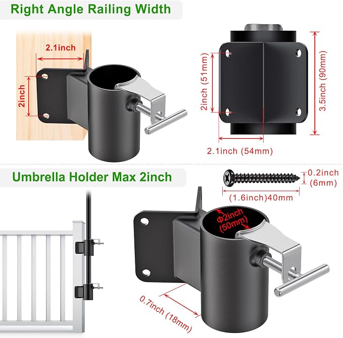 Heavy Duty Deck Railing Umbrella Holder, Patio Umbrella Stand for 1-2 Inch Poles, Space-Saving Design, Secure & Sturdy Corner Mount for Deck Railing, Balcony, Outdoor Courtyard, Fence, 2 Set