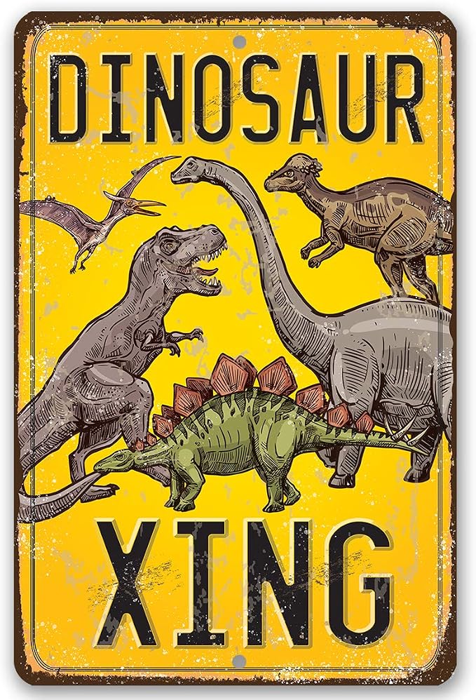 Dinosaur Crossing Sign - Cool Tin Sign for Wall Decor, Dinosaur Party Decoration Signs, Dinosaur Poster for Boys Room and Play Room, 12x18 Use Indoors or Outdoors Durable Rustic Metal Sign