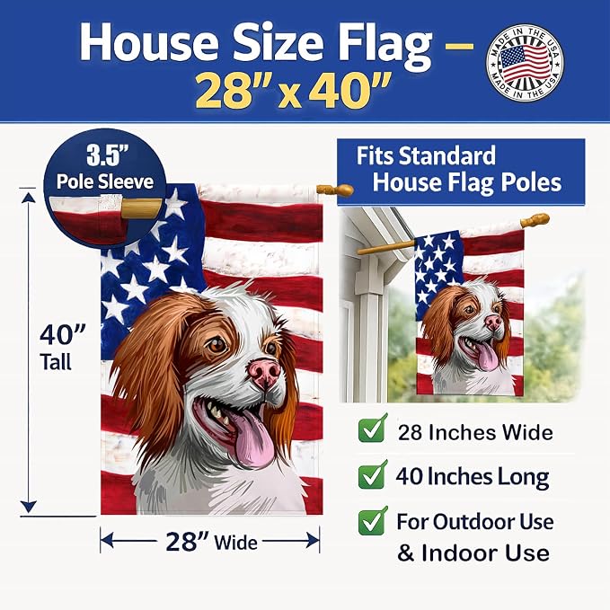 Caroline's Treasures CK6529CHF French Brittany Dog American Flag House Flag Large Porch Sleeve Pole Decorative Outside Yard Banner Artwork Wall Hanging, Polyester, House Size, Multicolor