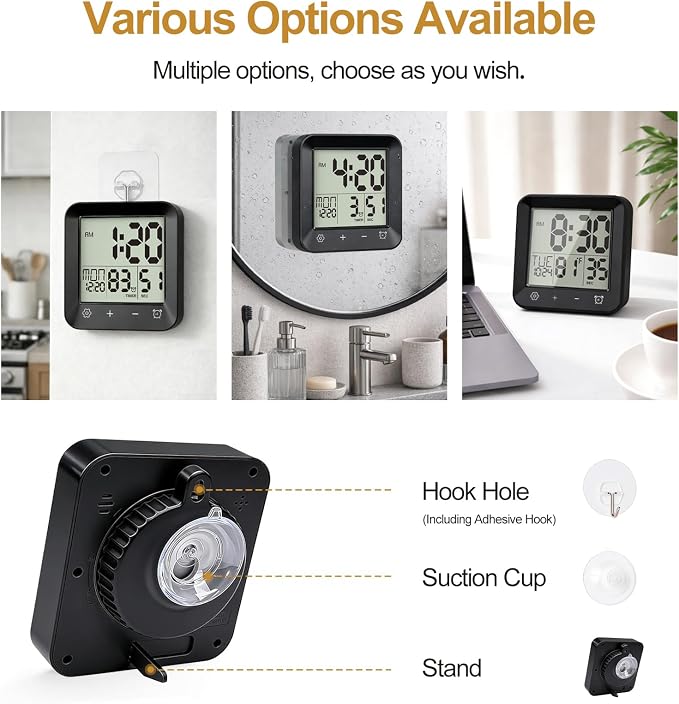 Shower Clock Waterproof, Bathroom Digital Clock with Timer, LCD Display, Touch Screen, Suction Cup, Temp, Seconds, Hanging, Hole Stand, Digital Wall Clocks Battery Operated for Kids and Adults
