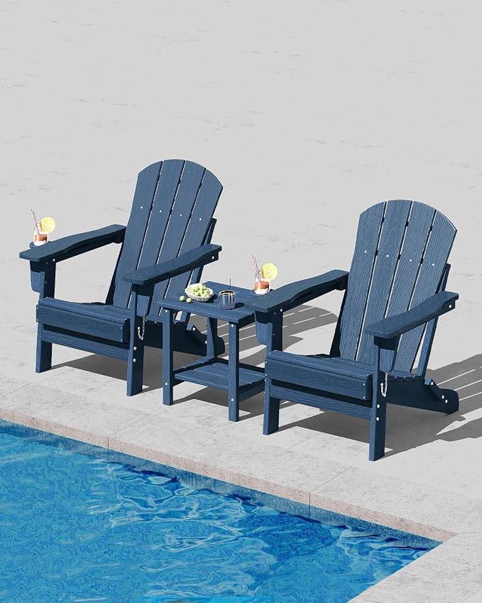 GarveeLife Folding Adirondack Chair Set of 6, All-Weather HDPE Outdoor Chair, Wooden Textured with Cup Holder for patios, Decks, Gardens, fire pits, Navy Blue