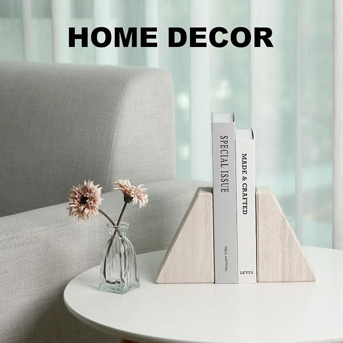 Marble Book Ends for Heavy Books, Decorative Bookends for Shelves, Durable and Heavy-Duty Bookends for Hardback Book & CDS, Off-White Unique Books Stopper & Holder, Set of 2