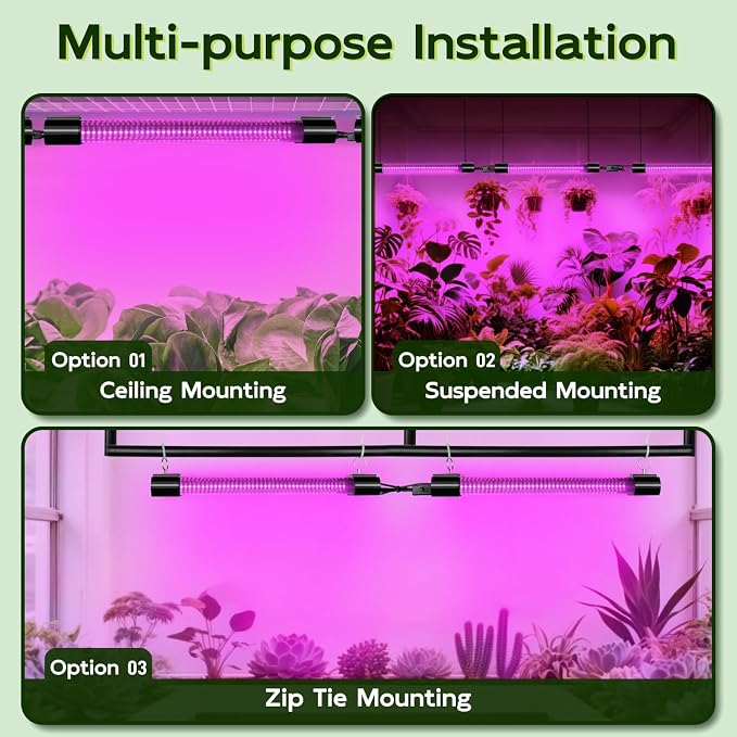 Hlite LED Grow Light 16 inch, Hanging Full Spectrum Linkable 4 Pack | Linkable Plant Grow Lights for Indoor Plants, Plug and Hanging with On/Off Switch, Seedling to Flowering, Pinkish White