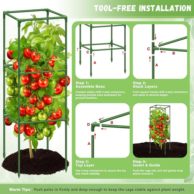 Riare 4 Pack Square Tomato Cages for Garden- 45 Inch Heavy Duty Tomato Stakes Plant Support, Metal Tomato Trellis for Climbing Plants Outdoor, Raised Garden Bed, Vegetables Flowers