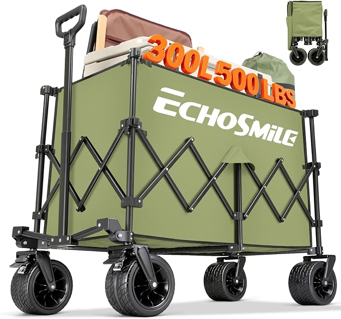 EchoSmile Collapsible Foldable Extended Wagon with 500Lbs Weight Capacity, 300L Folding Utility Wagon Cart with Big All-Terrain Wheels for Beach,Sport,Garden&Grocery (Green)