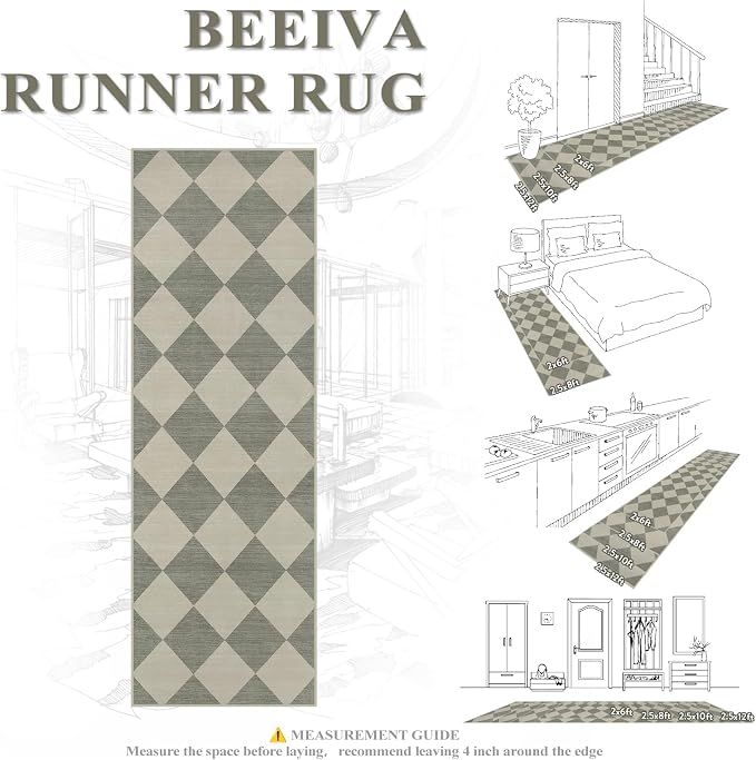 Beeiva Checkered Print Hallway Runner Rug Non Slip, Ultra Thin Washable Kitchen Runner Rug 2x6, Moroccan Neutral Green Soft Floor Carpet for Bedroom Laundry Room, Minimalist Diamond Hallway Decor