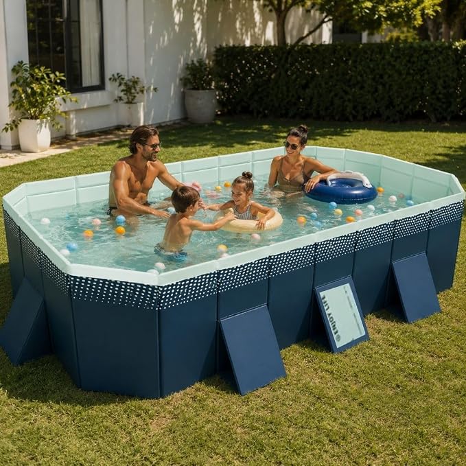112.59-Inch Foldable Swimming Pool, Blue Non-Inflatable Rectangular Pool for 6-8 People, 4-Layer Composite PVC, Aluminum Alloy Frame, Dual Drains for Backyard Fun