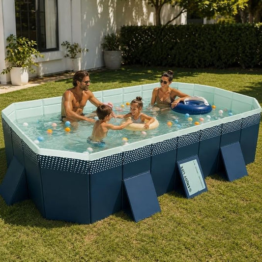 112.59-Inch Foldable Swimming Pool, Blue Non-Inflatable Rectangular Pool for 6-8 People, 4-Layer Composite PVC, Aluminum Alloy Frame, Dual Drains for Backyard Fun