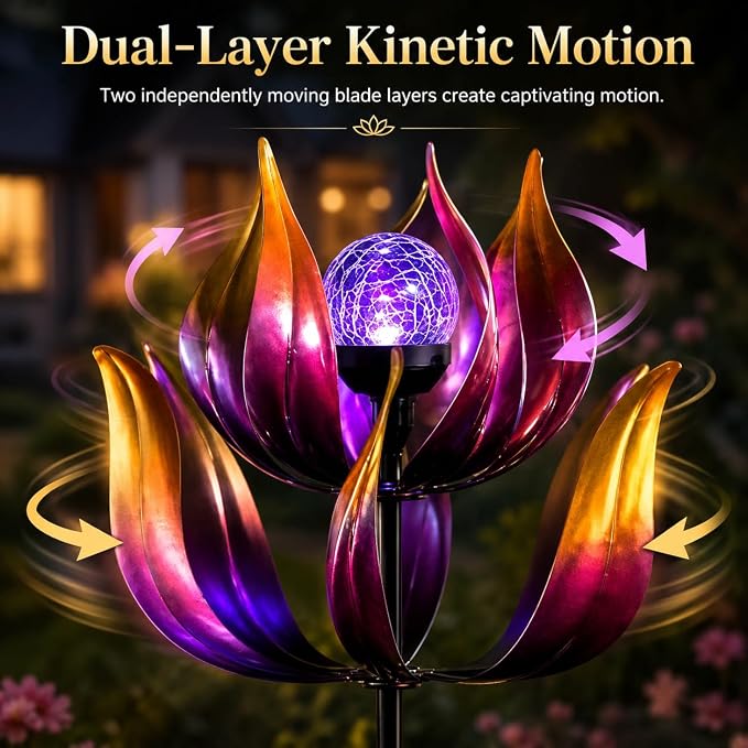 Solar Wind Spinner Outdoor Metal Decor - 61" Tall Lotus Kinetic Yard Art with Color-Changing Crackle Glass LED Light, Dual-Directional Wind Catcher Lawn Ornament for Garden, Patio & Yard Gift