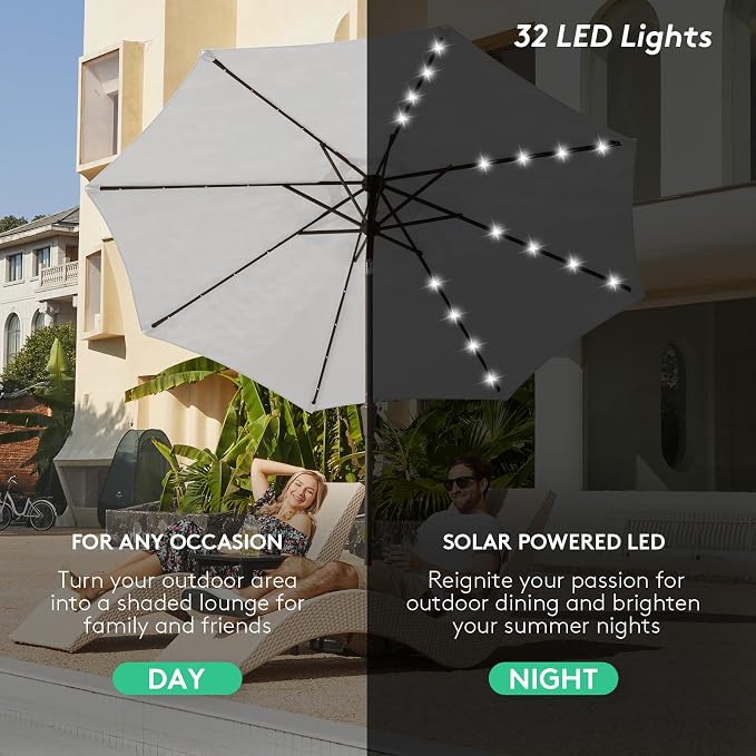 JEAREY 9FT Outdoor Patio Umbrella with Solar Lights, LED Lighted Pool Umbrella with Tilt and Crank, Outdoor Table Umbrellas for Deck, Yard & Market (Light Grey)
