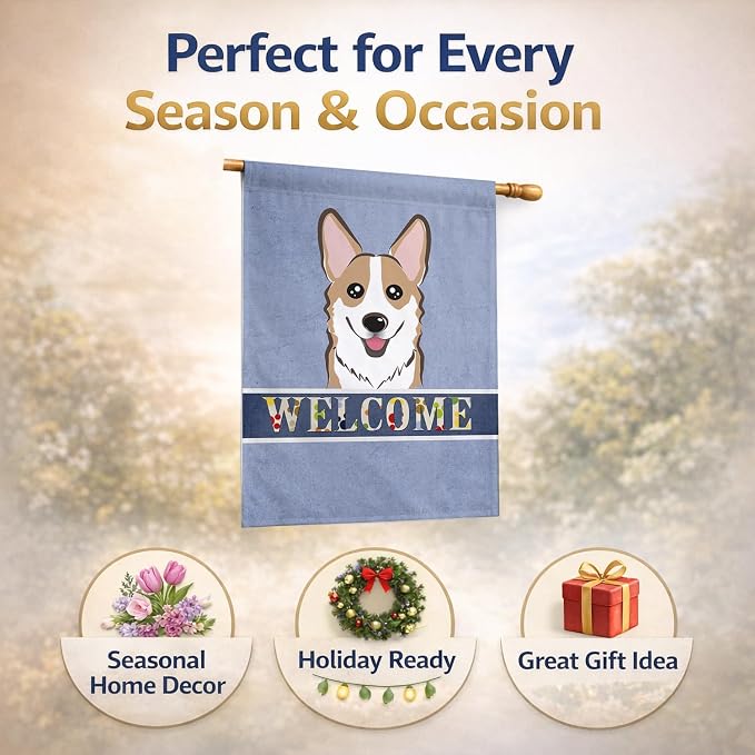 Caroline's Treasures BB1439CHF Sable Corgi Welcome House Flag, Blue Large Porch Sleeve Pole Decorative Outside Yard Banner Artwork Wall Hanging, Polyester, House Size, Multicolor
