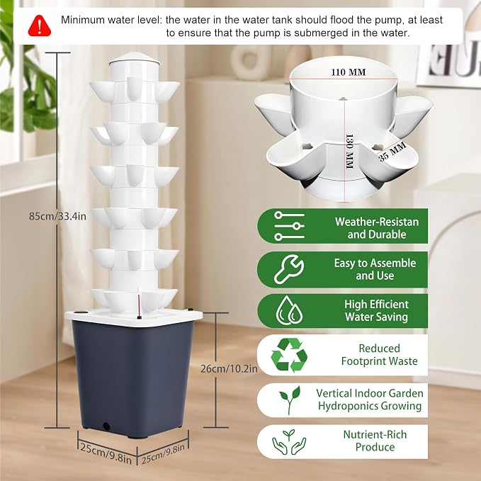 Hydroponic Growing Tower with 10L Tank, 6 Layers 30 Plants Indoor Outdoor Hydroponics Growing System, Soilless Cultivation Herbs Fruits Vegetables Vertical Planter Tower Garden Set Black US