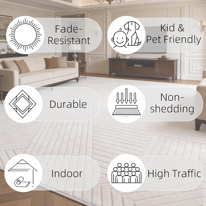 Beige Geometric 5x7 Solid Area Rug, Washable for Living Room Bedroom | Ultra Soft Thick High-Low Pile Carpet, Fluffy, Non-Slip Modern Geometric Rugs for bedside, Kids Room, Nursery, Home Office