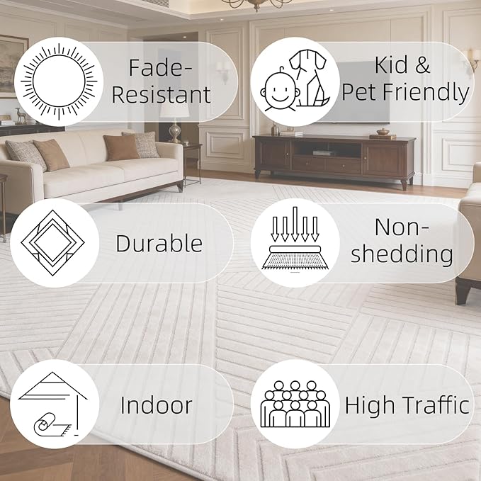 Beige 8x10 Solid Color Area Rug,Washable Rugs for Living Room Bedroom | Soft Plush Thick High-Low Pile Carpet, Fluffy, Non-Slip Modern Geometric Rugs for Bedside, Kids Room, Nursery, Home Office