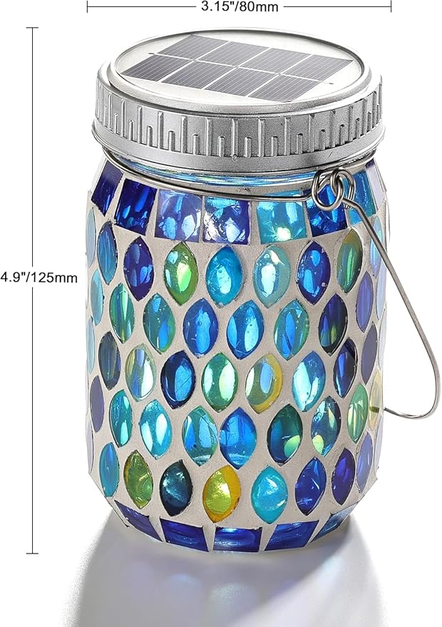 Cooo 3 Pack Mosaic Lanterns Outdoor Waterproof with 215% Larger Solar Panel, Never Rust Lids, True Capacity Battery- Solar Mason Mosaics Jar Lantern for Patio Garden Yard Balcony Christmas Decorations