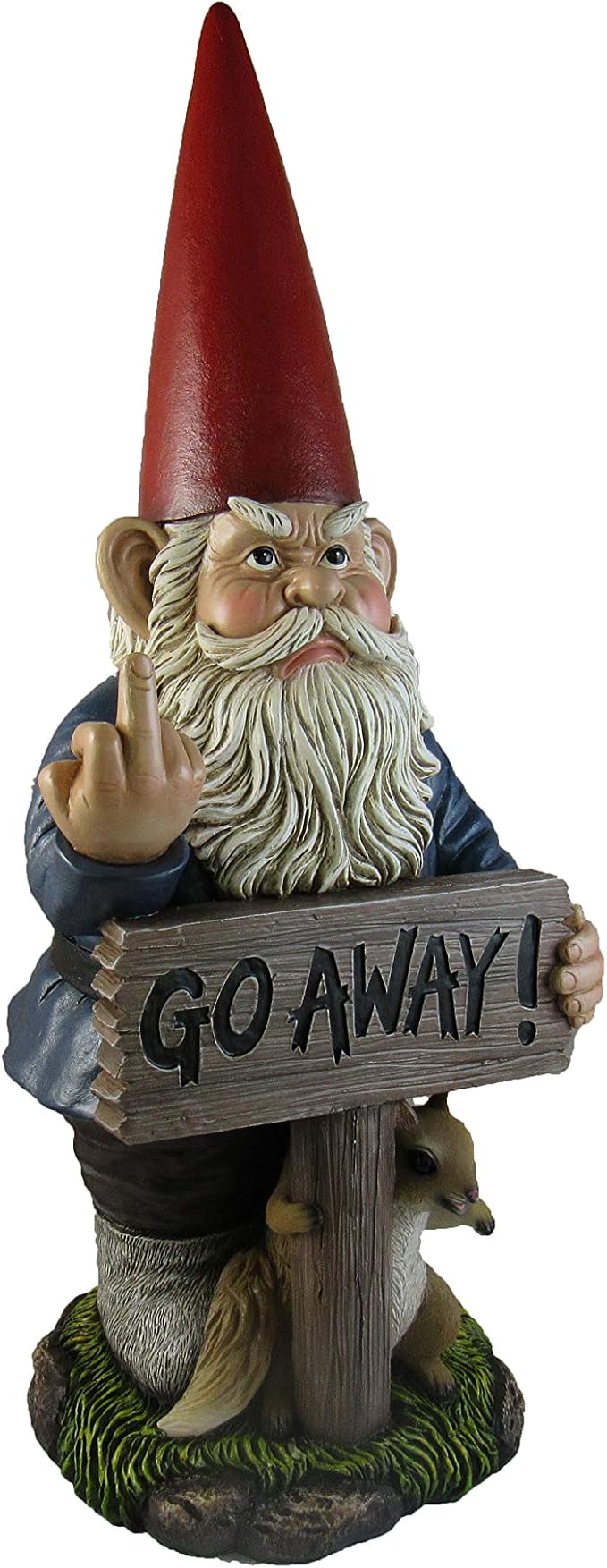 DWK Garden Gnome Statue, 17.5 Inch with Go Away Sign and One-Finger Salute | Take a Hike Un-Welcome Message, Hand-Painted Resin, Outdoor Porch or Garden Decor