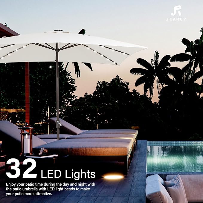 JEAREY 8x10 ft Rectangular LED Lighted Patio Umbrellas Outdoor Solar Table Market Umbrella w/Crank, 8 Sturdy Ribs, UV Protection Waterproof Sunproof(Creamy-white)