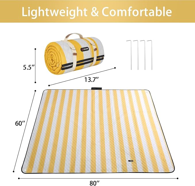 HX&OD Outdoor Picnic Blanket Extra Large, 80''*60'' Waterproof Picnic Mat with Stakes Foldable Camping Blanket Portable with Carry Strap for Beach Mat (Green& White, 80''*60'')