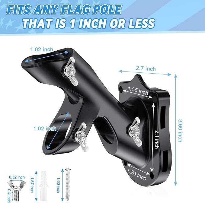 1" Flag Pole Holder for Outside House, REERON 2-Positions Metal Flagpole Brackets Mount, Aluminium Rustproof Flag Pole Wall Porch Mounting Bracket with 3 Fixed Holes & Steel Hardwares (Black-2 Pack)
