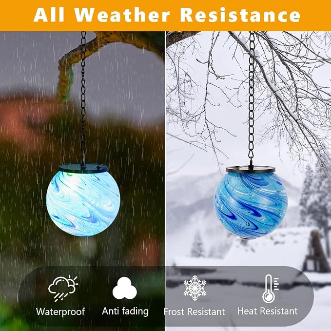 Solar Hanging Lanterns Outdoor, Solar Gazing Ball Lights, Waterproof Hanging Glass Light for Garden Yard Tree Home Xmas Decoration, Blue Swirl