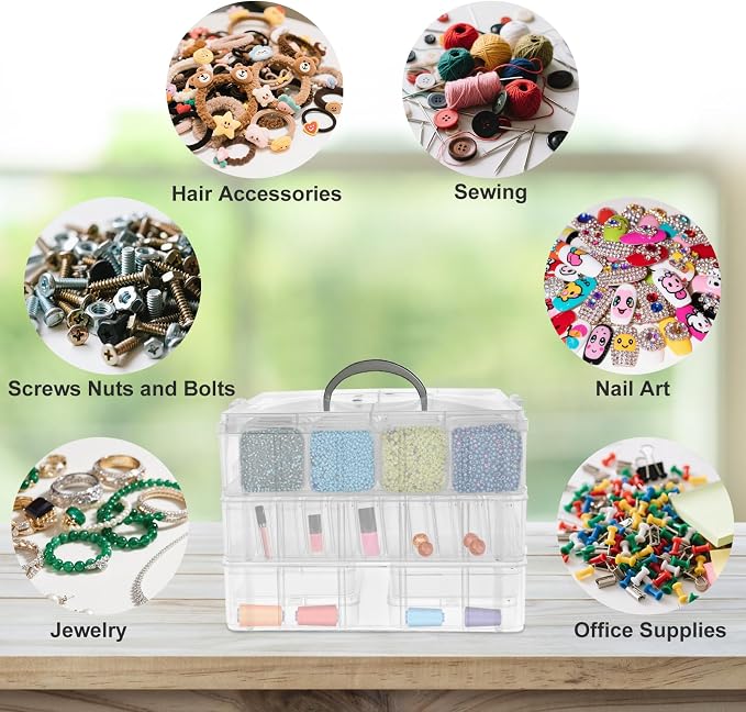 Guyuyii 58 Pcs Transparent Bead Organizer with Portable Handle and Labels | 3-Tier Bead Organizers and Storage for Craft Supplies, Jewelry Making, Diamond Painting, Earrings, Sewing