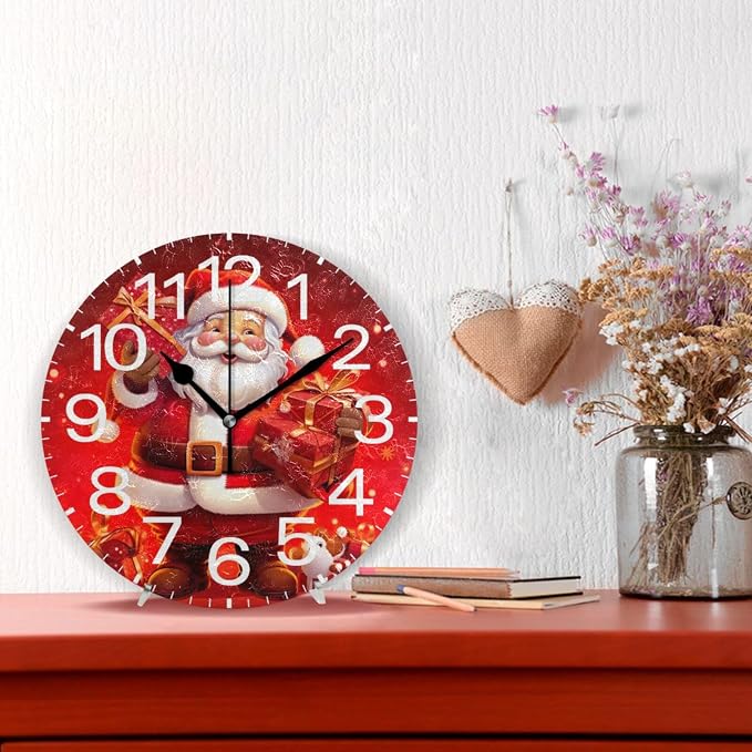 Christmas Santa Claus Wall Clock, Silent Non Ticking 10 Inch Battery Operated Wall Clocks, Easy to Read Clock for Home Kitchen Living Room Bathroom Office Decor