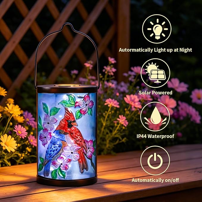 Hanging Solar Lantern Outdoor Bluebird Waterproof LED Cardinal Light Decorative Tabletop Lamp for Patio Garden Yard Decor