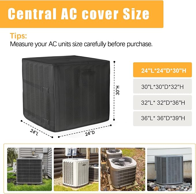 SUNICO Winter Air Conditioner Covers for Outside Units, 24x24x30in, Black | 3 Layers insulation waterproof cover, heavy duty 600D, antifreeze aluminum foil layer, snowproof, windproof buckle strap