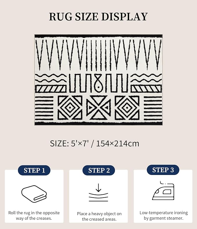 Living Room Rug 5x7- Black and Cream Rug for Bedroom Dining Room, Abstract Modern Washable Non-Slip Ultra-Thin Area Rug Symbol,5x7ft