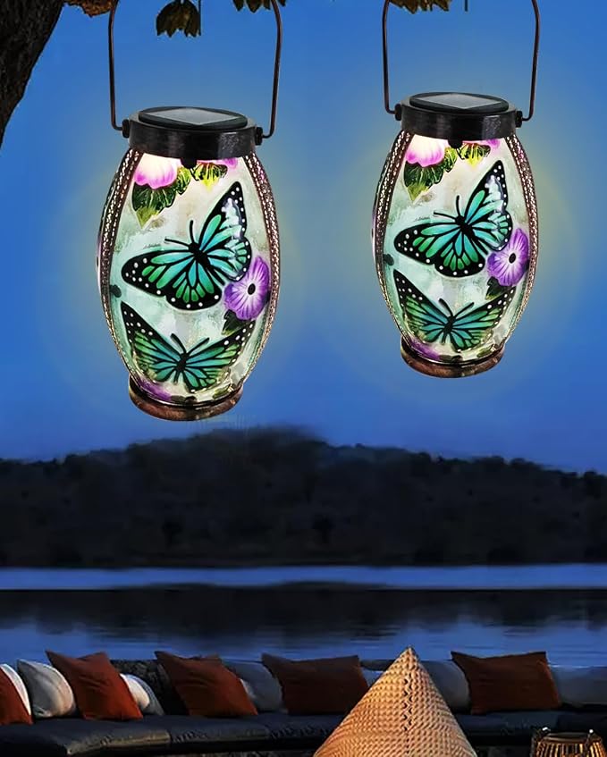 Butterfly Solar Lanterns Glass & Metal Hanging Solar Lantern Outdoor Waterproof 13.8" H Tabletop Light for Garden Patio Table Decor Mother's Day Gift