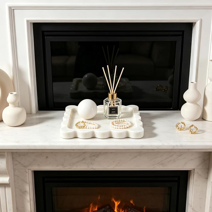 karibiber Calacatta Marble Tray, 8in Golden Small Scalloped Tray, Decorative Trinket Dish, Premium Square Bathroom Vanity Tray for Earrings Rings Necklaces, Unique Stone Jewelry Dish Gift