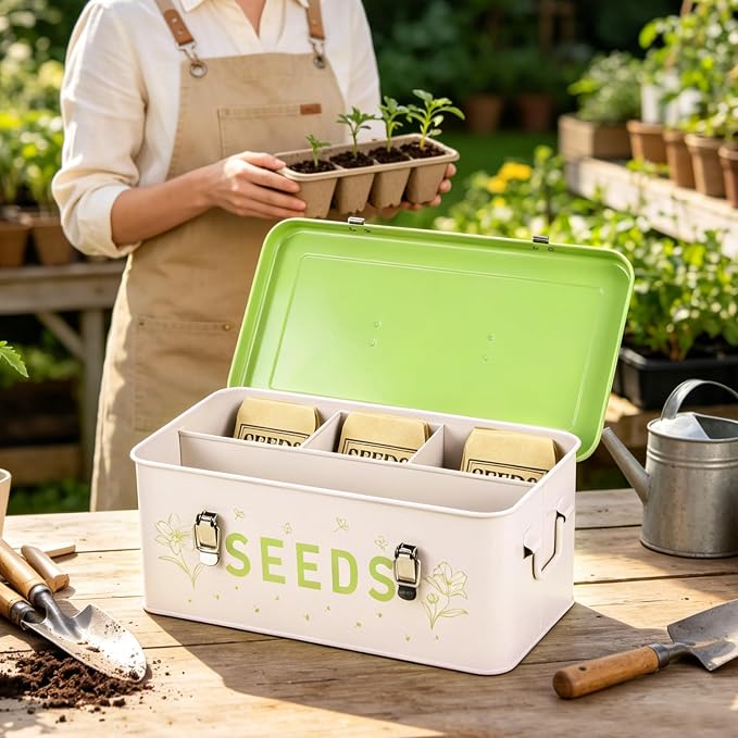 Seed Storage Organizer Box with 4 Compartments, Metal Seed Saving Container with Lockable Lid and Safety Locks, Includes 50 Envelopes, 100 Plant Labels, 50 Clips and Marker (Fruit Green)