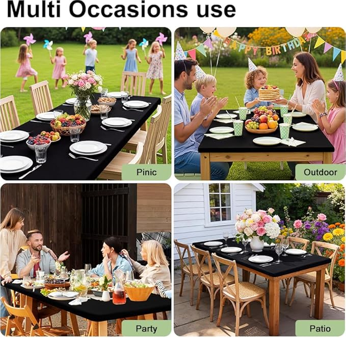 Smiry 6 Pack Rectangle Picnic Table Cloth, Waterproof Elastic Fitted Tablecloths, Washable Polyester Rectangular Patio Table Cover for Camping, Indoor and Outdoor (Black, 36"x96")