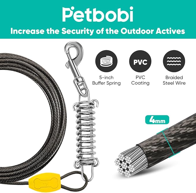 Petbobi Dog Tie-Out Cable and Stake - 10ft Heavy Duty Cable with Spring, No Tangle, 16in Ground Stake, Ideal for Outdoor Yard, Camping, Suitable for Small Medium Large Dogs Up to 120 lbs, Black