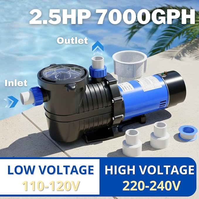 FOTING In/Above Ground Pool Pump, Self Primming Pool Pump High Flow 1.5" & 2" NPT Inlet Connectors, Dark Blue&Black