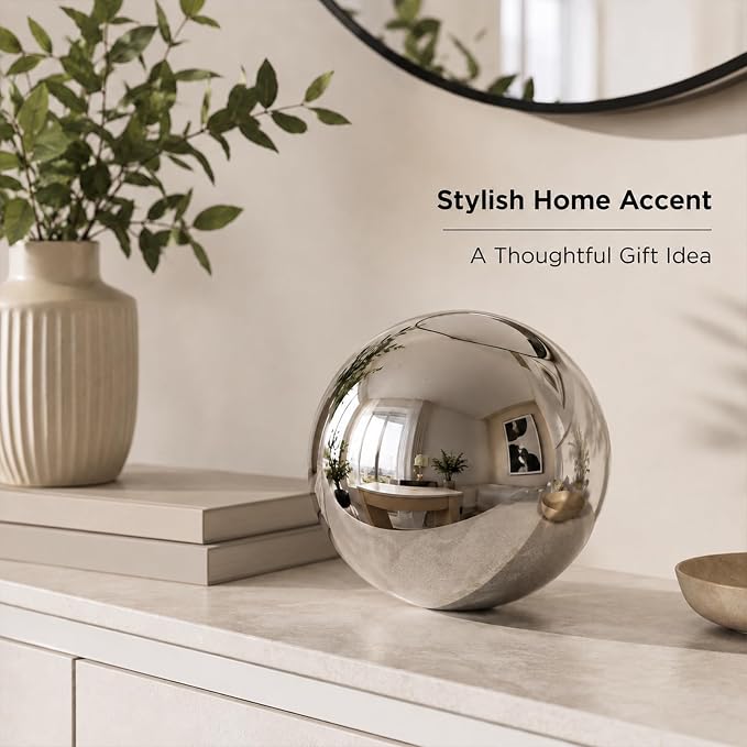 Gazing Ball Garden Mirror Outdoor - 8 Inch Outside Decorative Globe, Silver | Metal Polished Reflective Sphere, Stainless Steel Hollow Decoration Ornament for Home Pond Swimming Pool Housewarming Gift
