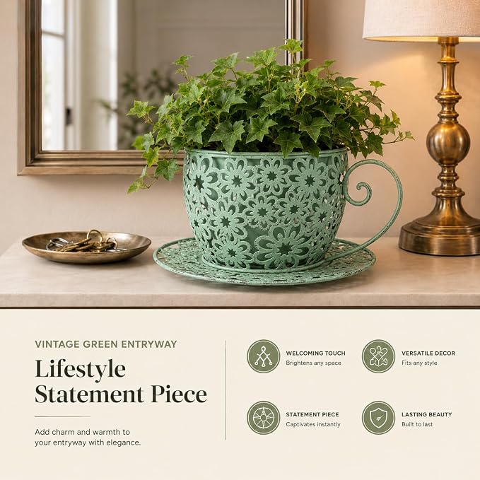 12 Inch Antique Metal Teacup Planter for Outdoor Plants Teapot Planter Floral Hollow Out Decorative Rustic Iron Flower Pot for Summer Garden Patio Home Decor (Vintage Green)