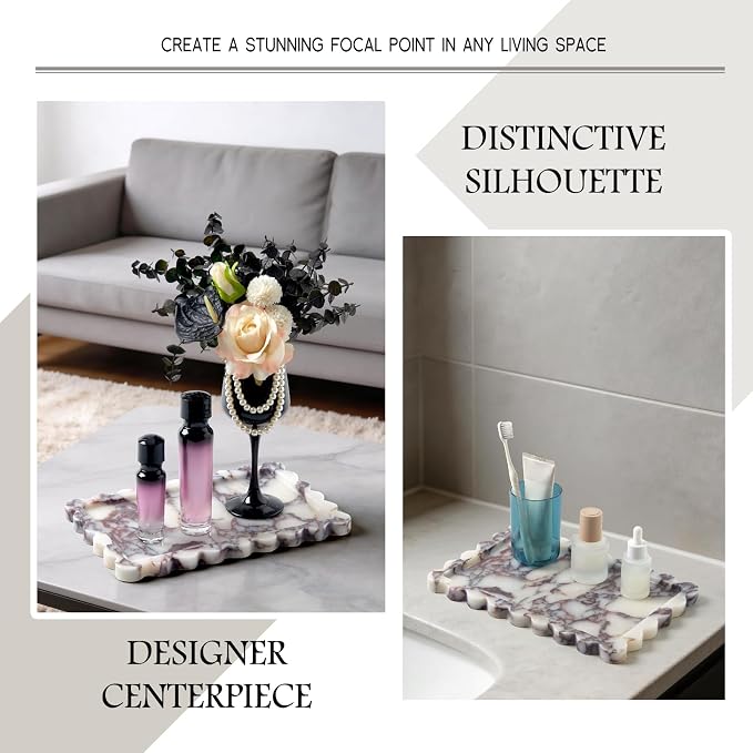 Luxury Natural Scalloped Marble Tray – 11.8 x 7.8-Inch Calacatta Viola Stone Vanity Tray, Elegant Catchall Organizer for Jewelry Perfume Keys, Unique Statement Tray for Bathroom Coffee Table & Dresser