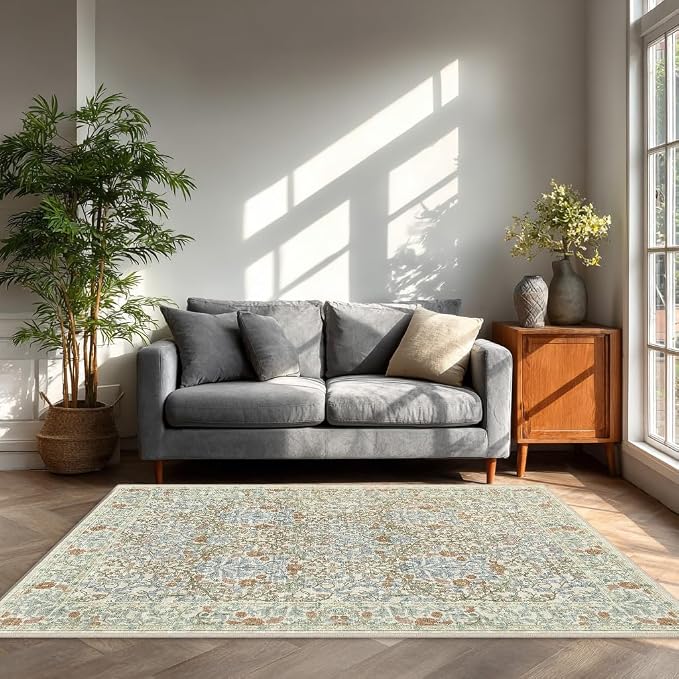 Vintage Beige Blue Living Room Rug, 5x7 Washable Area Rugs for Dining Room Under Table, Soft Low Pile Large Carpet Bedroom, Non-Slip Boho Floral (5 x 7 Beige Blue)