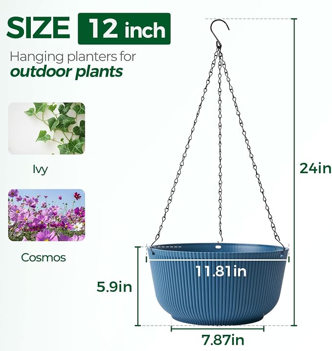 T4U 12 Inch Large Hanging Planters for Outdoor Plants, 2 Pack Self Watering Pots Indoor, Hanging Baskets for Plants,Hanging Flower Pot with Drainage Hole and Plant Hanger, Blue