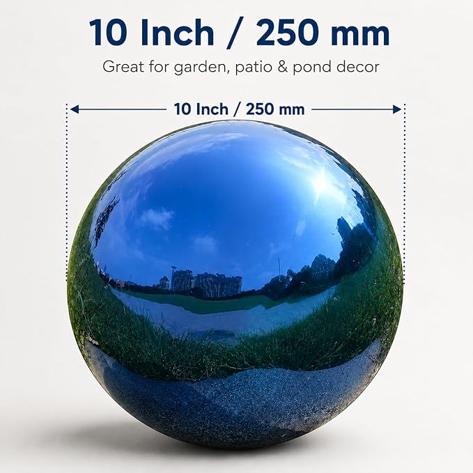 Gazing Ball Garden Mirror Outdoor - 10 Inch Outside Decorative Globe, Blue | Metal Polished Reflective Sphere, Stainless Steel Hollow Decoration Ornament for Home Pond Swimming Pool Housewarming Gift