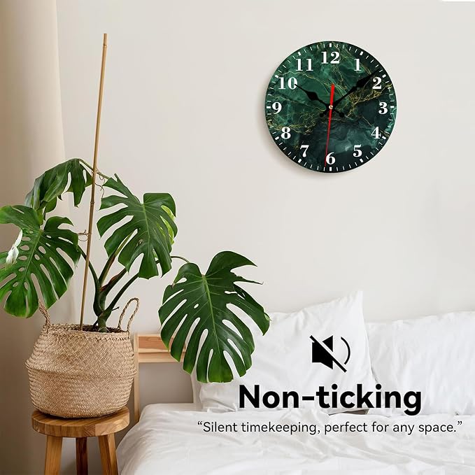 Wall Clocks Battery Operated, Dark Green Luxury Marble Silent Non Ticking Decorative Indoor Outdoor Wall Clocks for Living Room Kitchen Bedroom Bathroom 12"