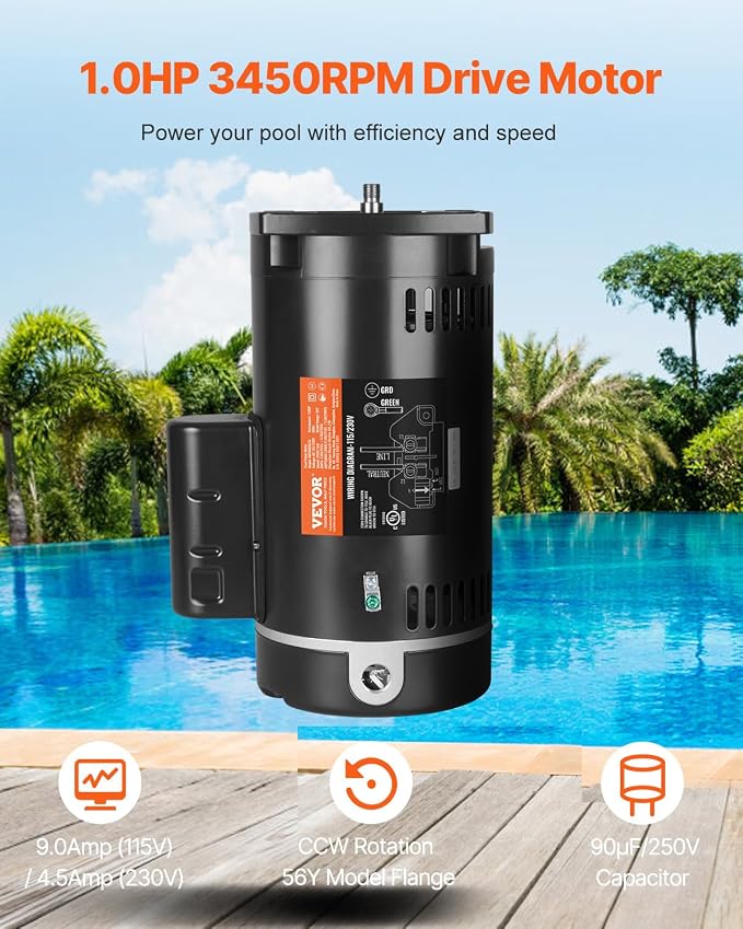 VEVOR 1 HP Pool Pump Motor, 3450 RPM High Speed, 115V (9.0 Amps) / 230V (4.5 Amps), 90μF/250V Capacitor, 1.25 SF, CCW Rotation, 56Y Square Flange Replacement Motor for Swimming Pools, Spa Centers