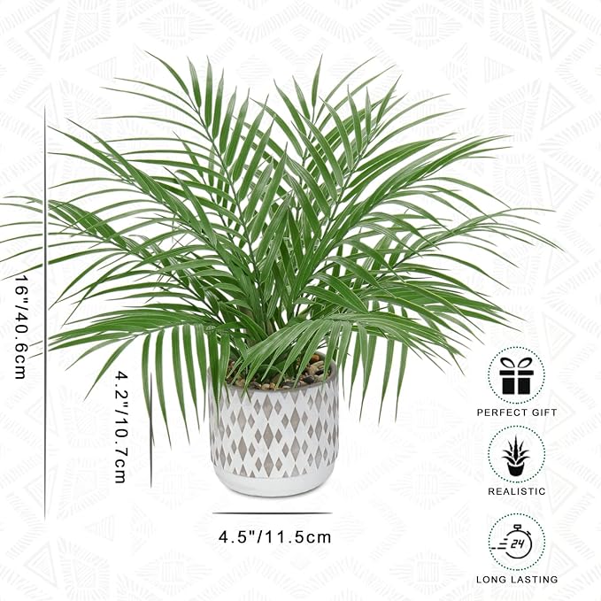 Hollyone Large Artificial Potted Plants Fake Palm Plants 16" Faux Green Plant Plastic Ceramic Tropical Palm Tree in Pots Bohemian for Home Room Office House Indoor Decorative